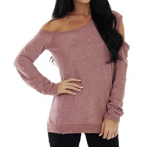 Bibi Marsala Distressed Terry Knit Cold Shoulder Top XL MSRP $39